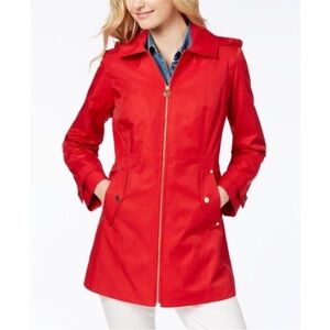 Red Zip Rain Trench Coat with detachable hood
